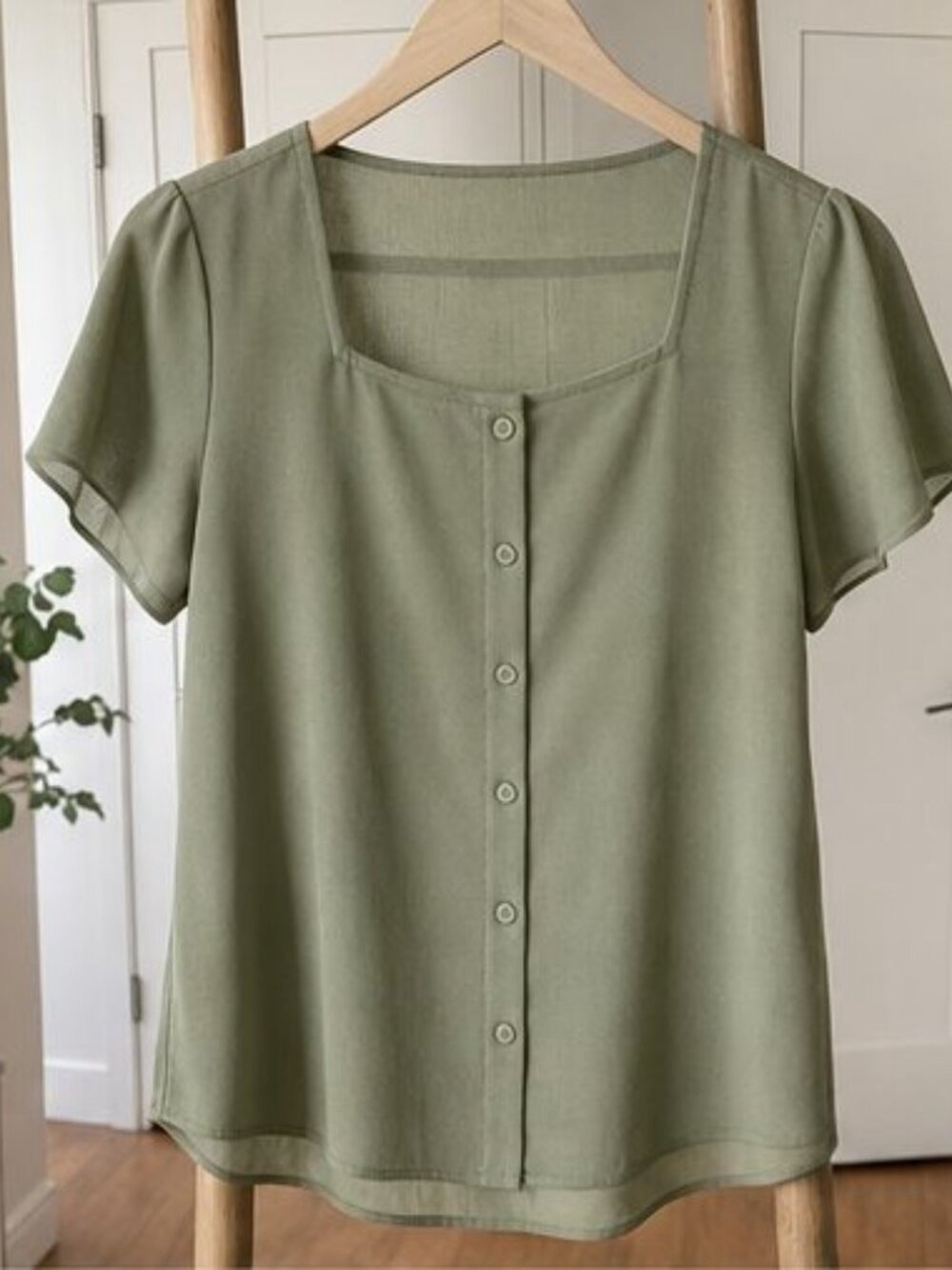 Light Olive Square Neck Button Front Women’s Top